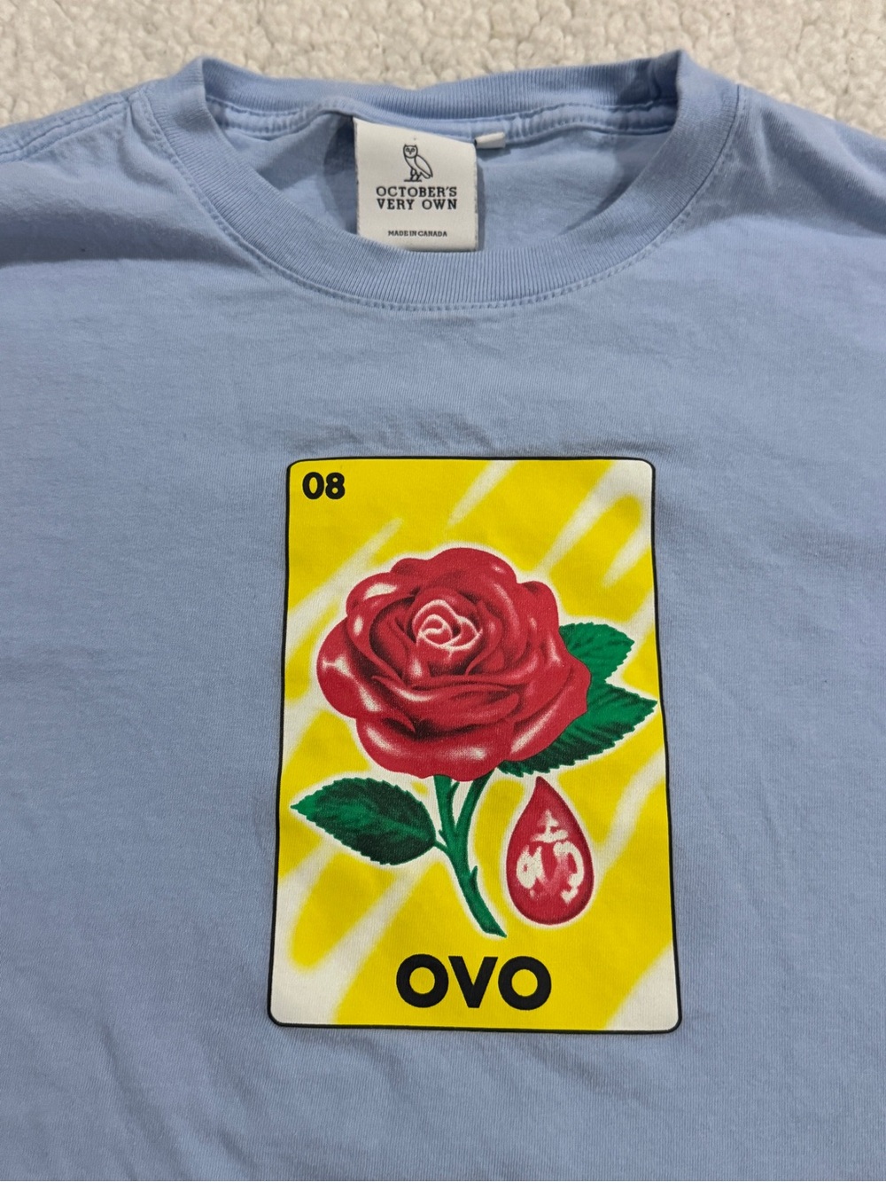 OVO Light Blue Short-Sleeve Tee with Red Rose Graphic